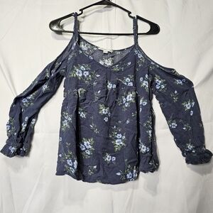 American Eagle Outfitters strap with open shoulder blue floral long sleeve top
